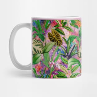 Tropical tropical floral leaves and foliage botanical illustration, pink purple leaves pattern over a Mug